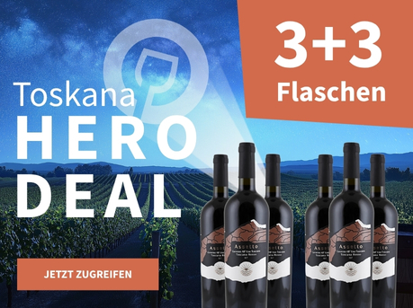 Meravino Weinaktion mit dem Slogan "Toskana Hero Deal". Nachthimmel mit Meravino-Logo und Weinreben im Hintergrund. Hinweis auf "3+3 Flaschen". Unten Button "Jetzt zugreifen". Rechts 6 Flaschen.