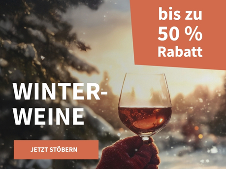 Meravino Weinaktion mit dem Slogan "Winterweine". Im Hintergrund eine verschneite Waldlandschaft, davor ein Glas Rotwein, das in einer Hand gehalten wird. Hinweis auf "bis zu 50 % Rabatt". Unten Button "Jetzt stöbern".
