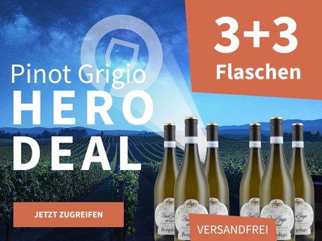 Meravino Weinaktion mit dem Slogan "Pinot Grigio Hero Deal". Nachthimmel mit Meravino-Logo und Weinreben im Hintergrund. Hinweis auf "3+3 Flaschen". Hinweis auf "Versandfrei". Unten Button "Jetzt zugreifen". Rechts 6 Flaschen.