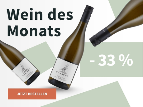 Meravino Weinaktion mit dem Slogan "Wein des Monats". Weiß-grün gemusterter Hintergrund, darauf drei Flaschen Salwey Edition 1950 Grauburgunder 2024. Hinweis auf "-33 %". Unten Button "Jetzt bestellen".