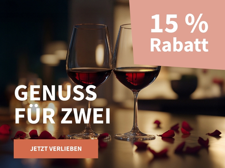 Meravino Weinaktion mit dem Slogan "Genuss für zwei". Im Hintergrund zwei Gläser Rotwein auf einem Tisch mit Rosenblättern. Hinweis auf "15 % Rabatt". Unten Button "Jetzt verlieben".