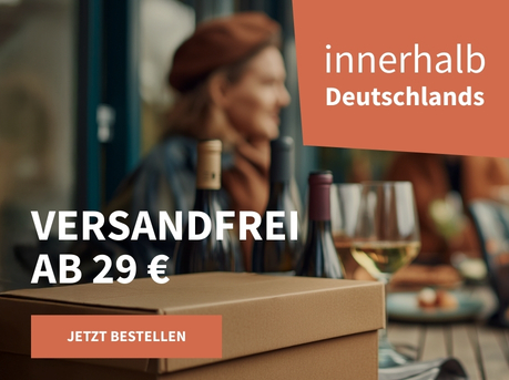 Meravino Weinaktion mit dem Slogan "Versandfrei ab 29 €". Im Hintergrund mehrere Flaschen Wein und gefüllte Weingläser, daneben ein Paket. Hinweis auf "innerhalb Deutschlands". Unten Button "Jetzt bestellen".