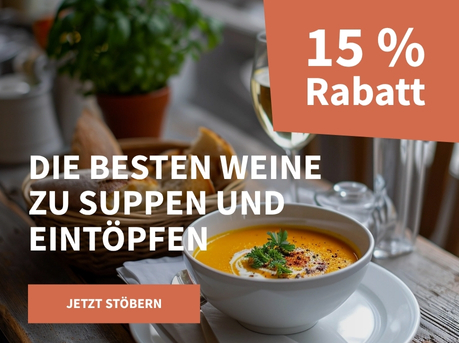 Meravino Weinaktion mit dem Slogan "Die besten Weine zu Suppen und Eintöpfen". Im Hintergrund ein Teller mit Kürbissuppe, ein Brotkorb und ein Glas Weißwein. Hinweis auf "15 % Rabatt". Unten Button "Jetzt stöbern".