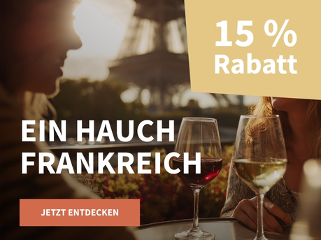 Meravino Weinaktion mit dem Slogan "Ein Hauch Frankreich". Im Hintergrund der Eiffelturm, im Vordergrund zwei Frauen, die an einem Tisch sitzen, auf dem zwei Weingläser stehen. Hinweis auf "15 % Rabatt". Unten Button "Jetzt entdecken".