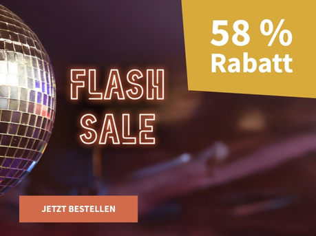 Meravino Weinaktion mit dem Slogan "Flash Sale". Vorne im Bild eine große Discokugel, im Hintergrund die Tanzfläche eines Clubs. Hinweis auf "58 % Rabatt". Unten Button "Jetzt bestellen".