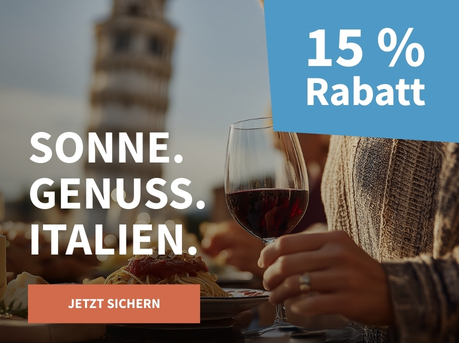 Meravino Weinaktion mit dem Slogan "Sonne. Genuss. Italien". Im Hintergrund ein Tisch mit Käseauswahl und Spaghetti mit Tomatensauce, daneben eine Person mit einem Glas Rotwein in der Hand. Hinweis auf "15 % Rabatt". Unten Button "Jetzt sichern".
