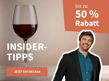 Meravino Weinaktion mit dem Slogan "Insider-Tipps". Taupefarbener Hintergrund, davor Wine-Insider Carsten und ein Glas Rotwein. Hinweis auf "bis zu 50 % Rabatt". Unten Button "Jetzt entdecken".