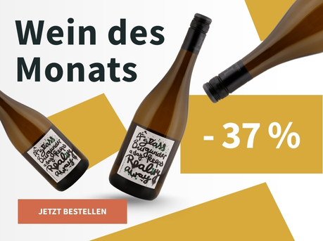 Meravino Weinaktion mit dem Slogan "Wein des Monats". Weiß-gelb gemusterter Hintergrund, darauf drei Flaschen Emil Bauer Grauburgunder "A glass Burgunder a day keeps reality away" trocken. Hinweis auf "-37 %". Unten Button "Jetzt bestellen".