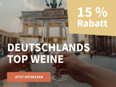 Meravino Weinaktion mit dem Slogan "Deutschlands Top Weine". Im Hintergrund zwei Gläser Weißwein, mit denen vor dem Brandenburger Tor angestoßen wird. Hinweis auf "15 % Rabatt". Unten Button "Jetzt entdecken".