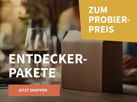 Meravino Weinaktion mit dem Slogan "Entdecker-Pakete". Im Hintergrund ein gedeckter Tisch, auf dem ein kleines Paket steht. Hinweis auf "Zum Probierpreis". Unten Button "Jetzt shoppen".