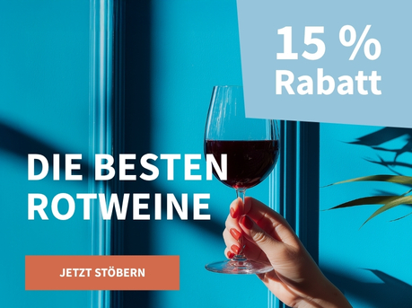 Meravino Weinaktion mit dem Slogan "Die besten Rotweine". Im Hintergrund eine blaue Wand und eine Pflanze, in der Mitte ein Glas Rotwein. Hinweis auf "15 % Rabatt". Unten Button "Jetzt stöbern".