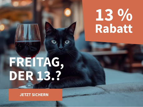 Meravino Weinaktion mit dem Slogan "Freitag, der 13.?". Im Hintergrund eine schwarze Katze auf einer Mauer, daneben ein Glas Rotwein. Hinweis auf "13 % Rabatt". Unten Button "Jetzt sichern".