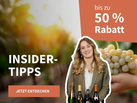 Meravino Weinaktion mit dem Slogan "Insider-Tipps". Im Hintergrund eine Hand, in der ein Bund Trauben liegt. Mittig eine Abbildung von Wine-Insiderin Lea. Hinweis auf "bis zu 50 % Rabatt". Unten Button "Jetzt entdecken".