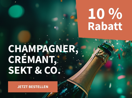 Meravino Weinaktion mit dem Slogan "Champagner, Crémant, Sekt & Co.". Dunkelgrüner Hintergrund, davor eine geöffnete Flasche Schaumwein, aus der Konfetti strömt. Hinweis auf "10 % Rabatt". Unten Button "Jetzt bestellen".