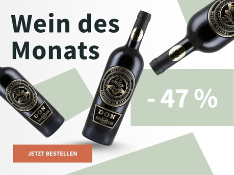 Meravino Weinaktion mit dem Slogan "Wein des Monats". Weiß-grün gemusterter Hintergrund, darauf drei Flaschen vom Wein des Monats Tenuta Ulisse Primitivo 2022. Hinweis auf "-47 %". Unten Button "Jetzt bestellen".