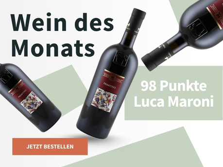 Meravino Weinaktion mit dem Slogan "Wein des Monats". Weiß-grün gemusterter Hintergrund, darauf drei Flaschen vom Wein des Monats Tenuta Ulisse Primitivo 2022. Hinweis auf "98 Punkte Luca Maroni". Unten Button "Jetzt bestellen".