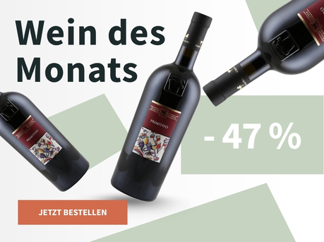 Meravino Weinaktion mit dem Slogan "Wein des Monats". Weiß-grün gemusterter Hintergrund, darauf drei Flaschen vom Wein des Monats Tenuta Ulisse Primitivo 2022. Hinweis auf "-47 %". Unten Button "Jetzt bestellen".