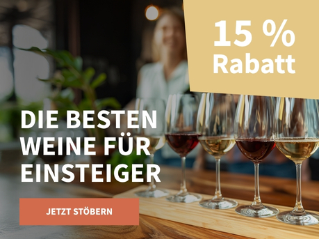 Meravino Weinaktion mit dem Slogan "Die besten Weine für Einsteiger". Im Hintergrund fünf Weingläser mit verschiedenem Wein gefüllt auf einer kleinen Holzplatte. Hinweis auf "15 % Rabatt". Unten Button "Jetzt stöbern".