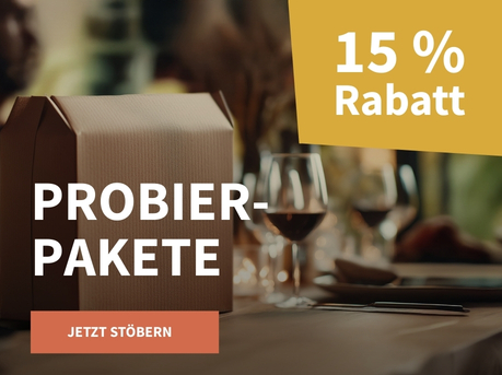 Meravino Weinaktion mit dem Slogan "Probierpakete". Im Hintergrund ein gedeckter Tisch, auf dem ein kleines Paket steht. Hinweis auf "15 % Rabatt". Unten Button "Jetzt stöbern".