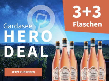 Meravino Weinaktion mit dem Slogan "Gardasee Hero Deal". Nachthimmel mit Meravino-Logo und Weinreben im Hintergrund. Hinweis auf "3+3 Flaschen". Unten Button "Jetzt zugreifen". Rechts 6 Flaschen Borgolago Bardolino Chiaretto Rosato.