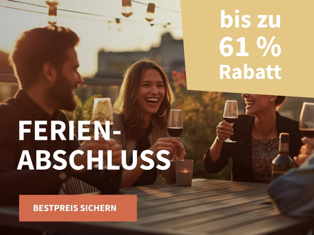 Meravino Weinaktion mit dem Slogan "Ferienabschluss". Im Hintergrund Menschen, die zusammensitzen und Wein trinken. Hinweis auf "bis zu 61 % Rabatt". Unten Button "Bestpreis sichern".