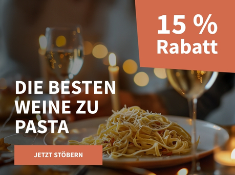 Meravino Weinaktion mit dem Slogan "Die besten Weine zu Pasta". Im Hintergrund ein Teller mit Nudeln und zwei Gläser Weißwein, dahinter eine Kerze. Hinweis auf "15 % Rabatt". Unten Button "Jetzt stöbern".
