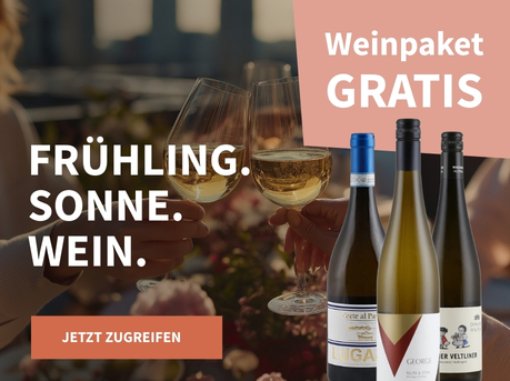 Meravino Weinaktion mit dem Slogan "Frühling. Sonne. Wein". Im Hintergrund zwei Gläser Weißwein, mit denen angestoßen wird. Hinweis auf "Weinpaket gratis". Unten Button "Jetzt zugreifen". Rechts drei Flaschen Wein.