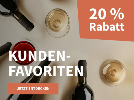Meravino Weinaktion mit dem Slogan "Kundenfavoriten". Beigefarbener Hintergrund, davor Weinflaschen und Weingläser gefüllt mit Rot- und Weißwein. Hinweis auf "20 % Rabatt". Unten Button "Jetzt entdecken".