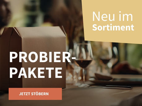 Meravino Weinaktion mit dem Slogan "Probierpakete". Im Hintergrund ein gedeckter Tisch, auf dem ein kleines Paket steht. Hinweis auf "Neu im Sortiment". Unten Button "Jetzt stöbern".