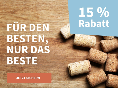 Meravino Weinaktion mit dem Slogan "Für den Besten, nur das Beste". Im Hintergrund Weinkorken, die auf Holz liegen. Hinweis auf "15 % Rabatt". Unten Button "Jetzt sichern".
