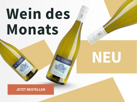 Meravino Weinaktion mit dem Slogan "Wein des Monats". Weiß-beige gemusterter Hintergrund, darauf drei Flaschen vom Wein des Monats Dr. Loosen Weißburgunder vom Schiefer 2025. Hinweis auf "Neu". Unten Button "Jetzt bestellen".
