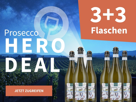 Meravino Weinaktion mit dem Slogan "Prosecco Hero Deal". Nachthimmel mit Meravino-Logo und Weinreben im Hintergrund. Hinweis auf "3+3 Flaschen". Unten Button "Jetzt zugreifen". Rechts 6 Flaschen Drago del Lago Prosecco.