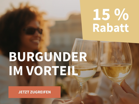 Meravino Weinaktion mit dem Slogan "Burgunder im Vorteil". Im Hintergrund zwei Frauen, davor zwei Gläser Weißwein, mit denen angestoßen wird. Hinweis auf "15 % Rabatt". Unten Button "Jetzt zugreifen".