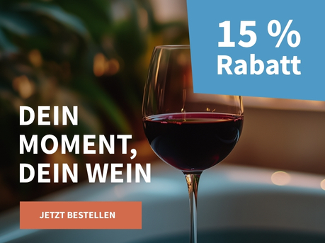 Meravino Weinaktion mit dem Slogan "Dein Moment, dein Wein". Im Hintergrund ein Glas Rotwein, dahinter eine Topfpflanze. Hinweis auf "15 % Rabatt". Unten Button "Jetzt bestellen".