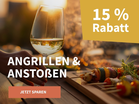 Meravino Weinaktion mit dem Slogan "Angrillen & Anstoßen". Im Hintergrund gegrillte Gemüsespieße und ein Glas Weißwein. Hinweis auf "15 % Rabatt". Unten Button "Jetzt sparen".