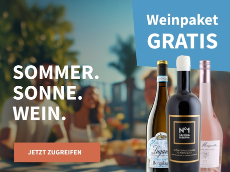 Meravino Weinaktion mit dem Slogan "Sommer. Sonne. Wein". Im Hintergrund leicht verschwommene Menschen, die unter blauem Himmel in einem Park sitzen. Hinweis auf "Weinpaket Gratis". Unten Button "Jetzt zugreifen". Rechts drei Flaschen.