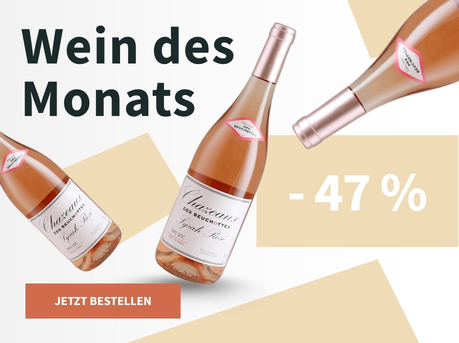 Meravino Weinaktion mit dem Slogan "Wein des Monats". Weiß-beige gemusterter Hintergrund, darauf drei Flaschen vom Wein des Monats Chazeaux des Beuchottes Syrah Rosé 2025. Hinweis auf "-47 %". Unten Button "Jetzt bestellen".