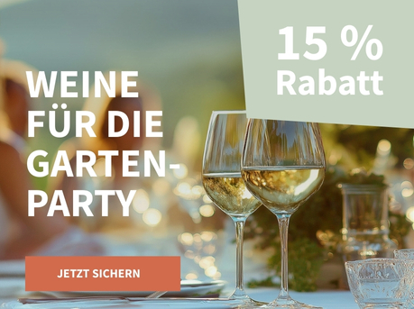 Meravino Weinaktion mit dem Slogan "Weine für die Gartenparty". Im Hintergrund zwei Gläser Weißwein auf einem gedeckten Tisch im Freien. Hinweis auf "15 % Rabatt". Unten Button "Jetzt sichern".