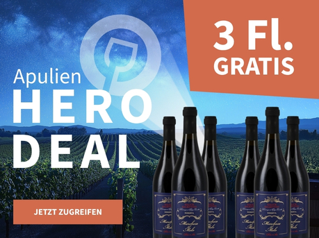 Meravino Weinaktion mit dem Slogan "Apulien Hero Deal". Nachthimmel mit Meravino-Logo und Weinreben im Hintergrund. Hinweis auf "3 Fl. gratis". Unten Button "Jetzt zugreifen". Rechts 6 Flaschen Marchese del Melo Salice Salentino Riserva 2022.
