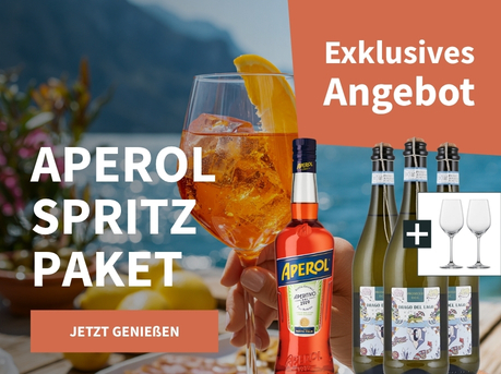 Meravino Weinaktion mit dem Slogan "Aperol Spritz Paket". Im Hintergund ein See, davor ein Glas mit Aperol Spritz. Hinweis auf "exklusives Angebot". Unten Button "Jetzt genießen". Rechts eine Flasche Aperol, drei Flaschen Prosecco und zwei Weingläser.