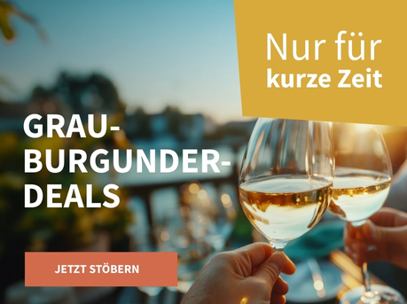 Meravino Weinaktion mit dem Slogan "Grauburgunder-Deals". Im Hintergrund ein verschwommener Abendhimmel mit Skyline, davor zwei Weingläser gefüllt mit Weißwein, mit denen angestoßen wird. Hinweis auf "Nur für kurze Zeit". Unten Button "Jetzt stöbern".