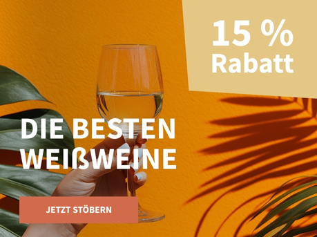 Meravino Weinaktion mit dem Slogan "Die besten Weißweine". Im Hintergrund eine orangefarbene Wand und eine Pflanze, in der Mitte ein Glas Weißwein. Hinweis auf "15 % Rabatt". Unten Button "Jetzt stöbern".