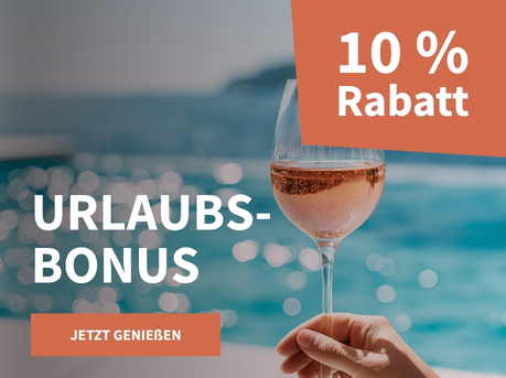 Meravino Weinaktion mit dem Slogan "Urlaubsbonus". Im Hintergrund ein Infinity-Pool, davor ein Glas Roséwein, das in einer Hand gehalten wird. Hinweis auf "10 % Rabatt". Unten Button "Jetzt genießen".