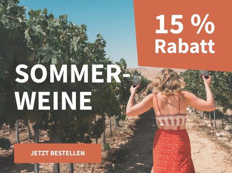 Meravino Weinaktion mit dem Slogan "Sommerweine". Im Hintergrund Berge und Weinreben vor blauem Himmel, davor mittig eine Frau, die in jeder Hand ein Rotweinglas hält und von hinten zu sehen ist. Hinweis auf "15 % Rabatt". Unten Button "Jetzt bestellen".