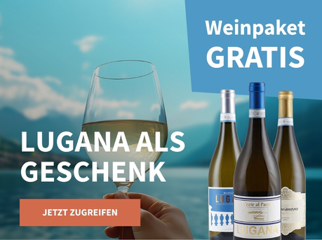 Meravino Weinaktion mit dem Slogan "Lugana als Geschenk". Im Hintergrund ein See, Berge und blauer Himmel, im Vordergrund ein Glas Weißwein. Hinweis auf "Weinpaket gratis". Unten Button "Jetzt zugreifen". Rechts drei Flaschen Lugana.