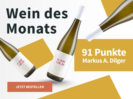 Meravino Weinaktion mit dem Slogan "Wein des Monats". Weiß-gelb gemusterter Hintergrund, darauf drei Flaschen vom Wein des Monats Raw Gem Weissburgunder 2025. Hinweis auf "91 Punkte Markus A. Dilger". Unten Button "Jetzt bestellen".