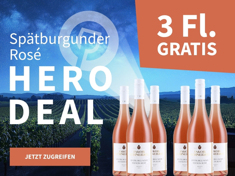 Meravino Weinaktion mit dem Slogan "Spätburgunder Rosé Hero Deal". Nachthimmel mit Meravino-Logo und Weinreben im Hintergrund. Hinweis auf "3 Fl. gratis". Unten Button "Jetzt zugreifen". Rechts 6 Flaschen Jakob Schneider Spätburgunder Rosé Edition trocken