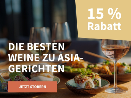 Meravino Weinaktion mit dem Slogan "Die besten Weine zu Asia-Gerichten". Im Hintergrund drei Gläser Wein und mehrere kleine Schalen mit diversen asiatischen Gerichten. Hinweis auf "15 % Rabatt". Unten Button "Jetzt stöbern".