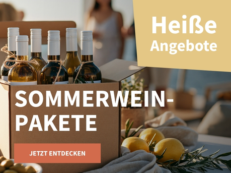 Meravino Weinaktion mit dem Slogan "Sommerwein-Pakete". Im Hintergrund Menschen auf einer Yacht und Blick aufs Meer, davor ein Weinpaket, Zitronen und Oliven auf einem Tisch. Hinweis auf "Heiße Angebote". Unten Button "Jetzt entdecken".