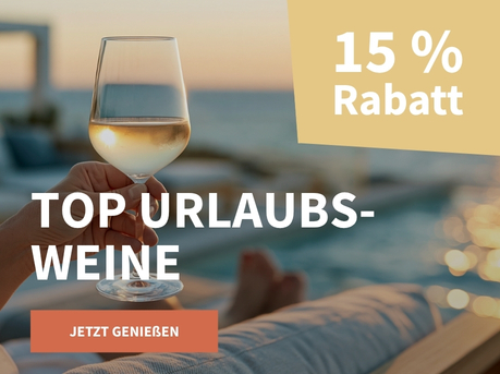 Meravino Weinaktion mit dem Slogan "Top Urlaubsweine". Im Hintergrund ein Pool mit Ausblick auf das Meer, davor ein Glas Weißwein, das in einer Hand hochgehalten wird. Hinweis auf "15 % Rabatt". Unten Button "Jetzt genießen".